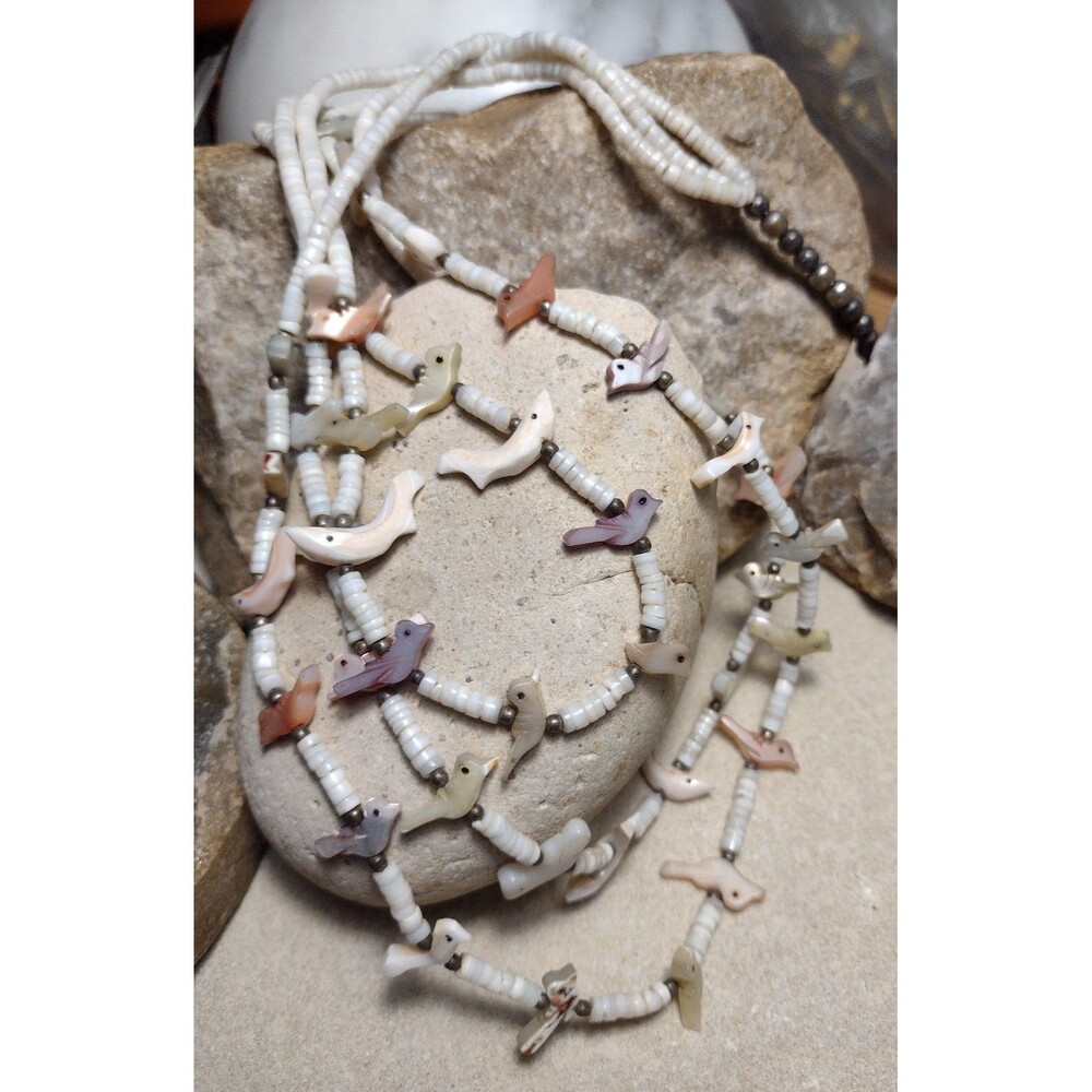 Vintage Fetish Bird Triple Strand Heishi MOP Necklace